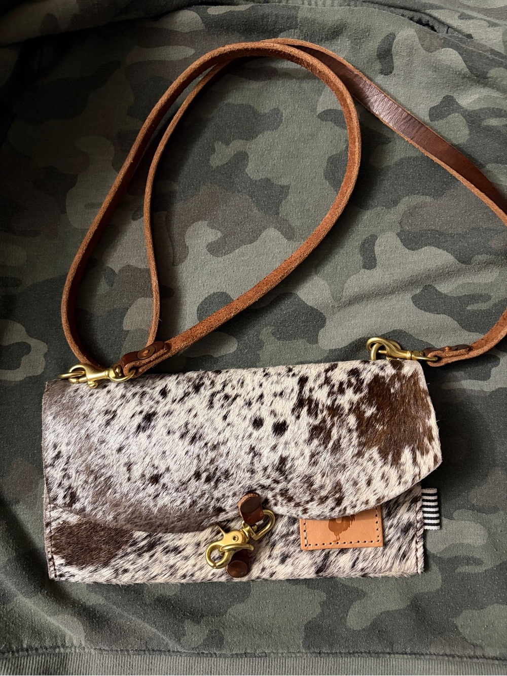 Meanwhile Back on the Farm Brown and White Cowhide Crossbody Bag Leather Strap